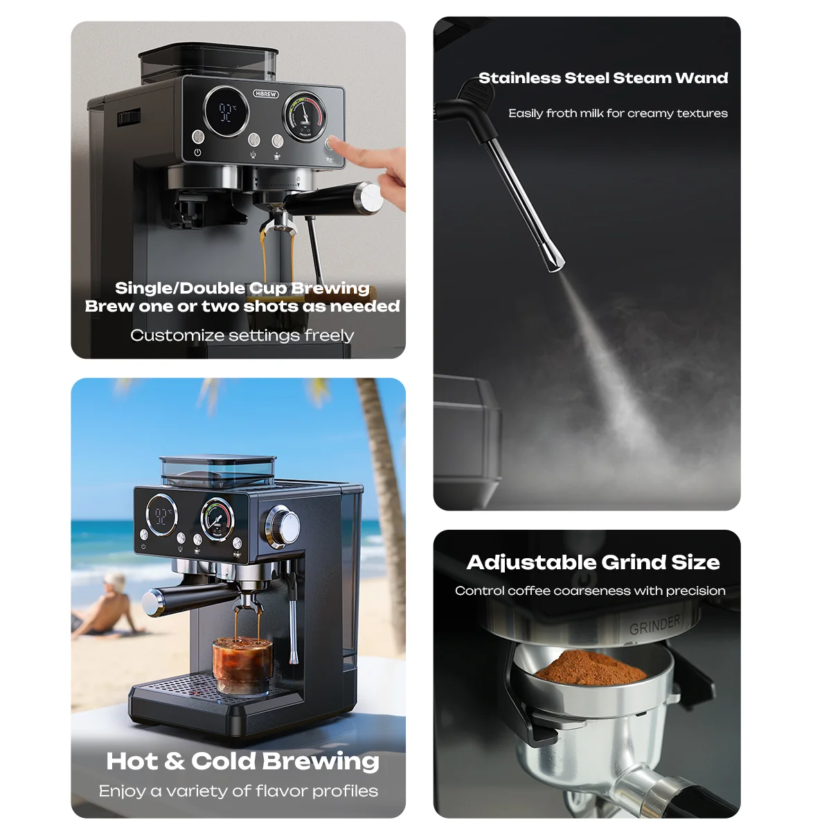 HiBREW H20 Espresso Machine with Built-in Grinder — Single/Double Cup, PID Temperature Control & Milk Frothing - Image 3