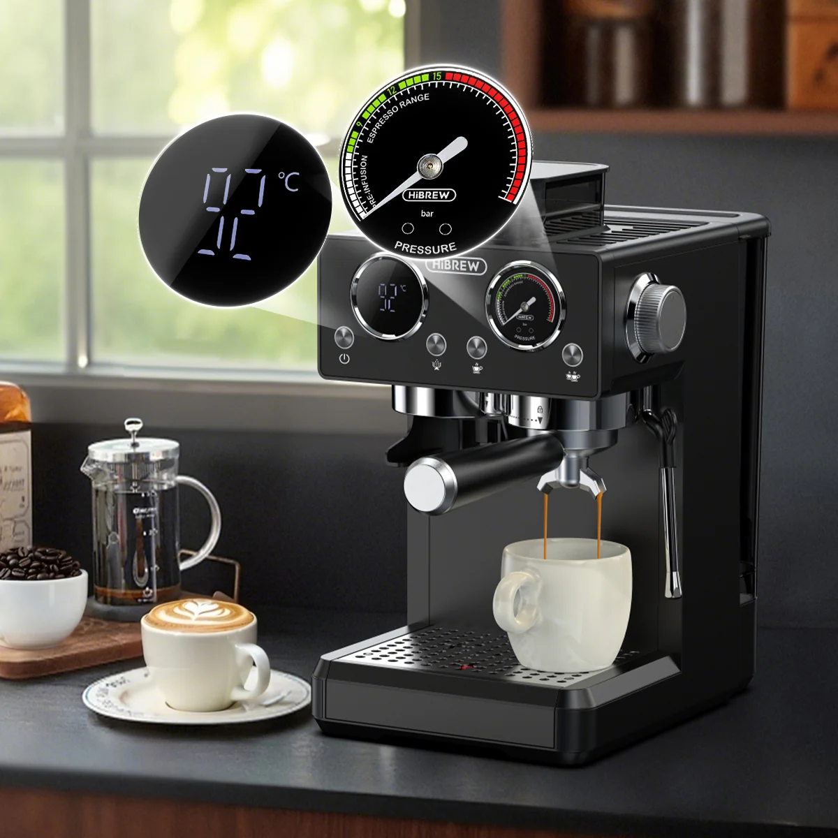 HiBREW H20 Espresso Machine with Built-in Grinder — Single/Double Cup, PID Temperature Control & Milk Frothing - Image 4