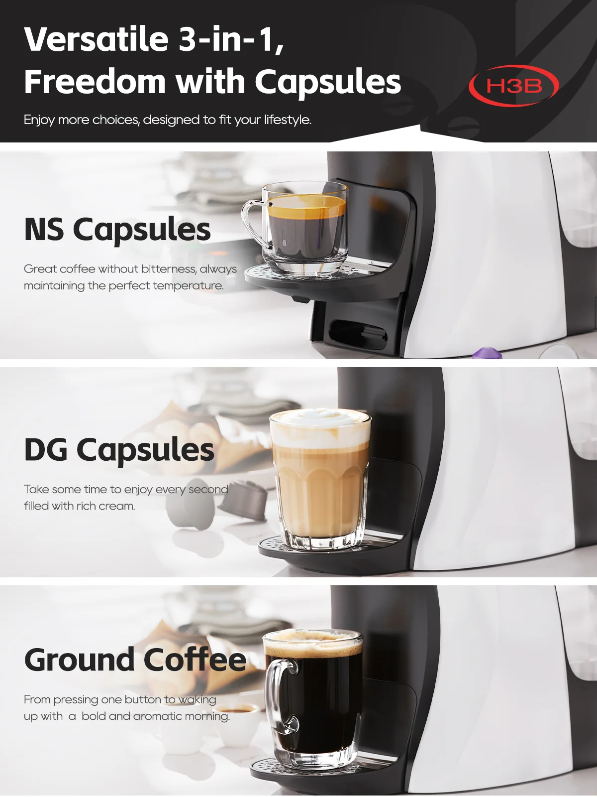 HiBREW H3B 2025 Capsule Coffee Machine – 19Bar Pressure, Works with 3 IN 1 - Image 3